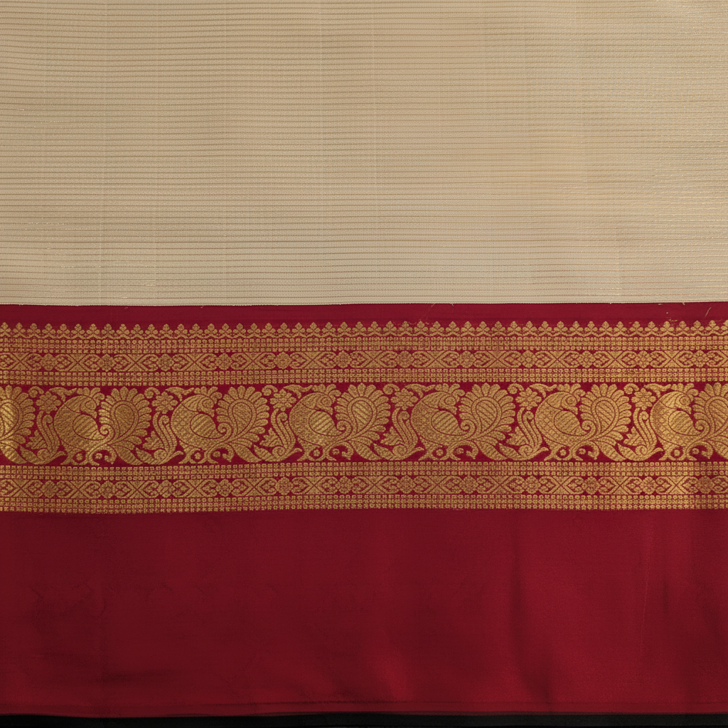 Kuberan  Ivory Cream with All-Over Fine Gold Zari Pinstripe Body & Broad Deep Crimson Red Gold Zari Peacock & Floral Scroll Border Kanchipuram Silk Saree