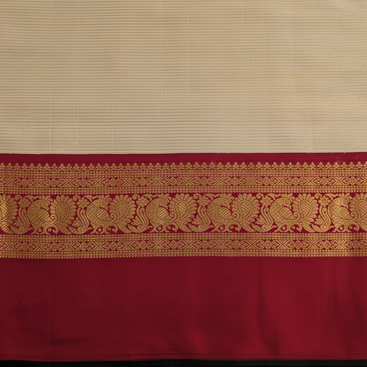 Kuberan  Ivory Cream with All-Over Fine Gold Zari Pinstripe Body & Broad Deep Crimson Red Gold Zari Peacock & Floral Scroll Border Kanchipuram Silk Saree