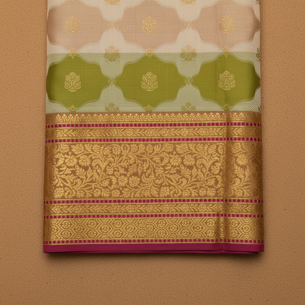 Kuberan  Ivory Cream & Olive Green Two-Colour Body with Gold Zari Floral Butta Kanchipuram Silk Saree