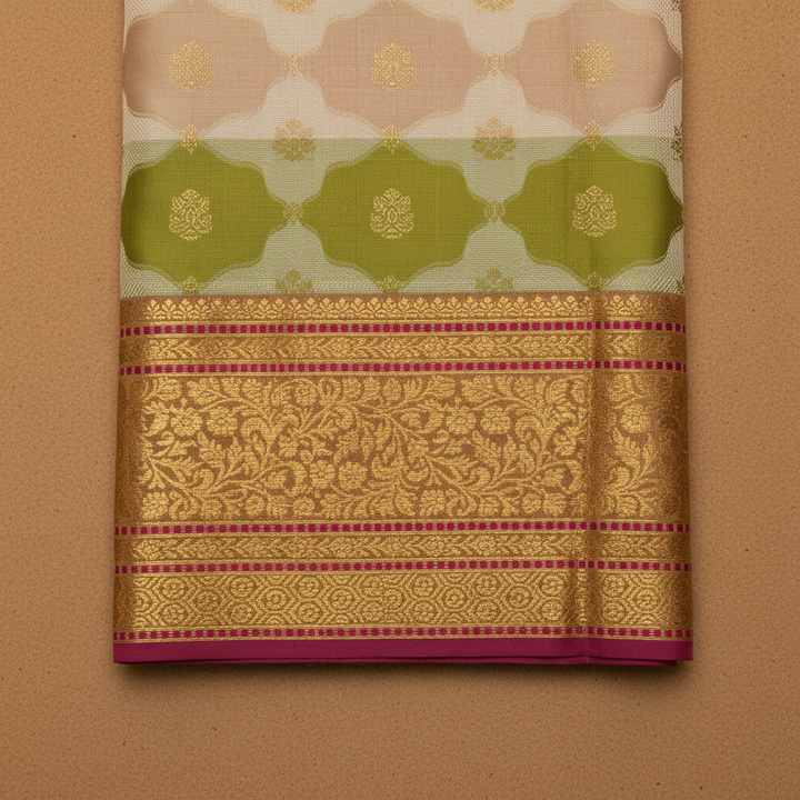 Kuberan  Ivory Cream & Olive Green Two-Colour Body with Gold Zari Floral Butta Kanchipuram Silk Saree