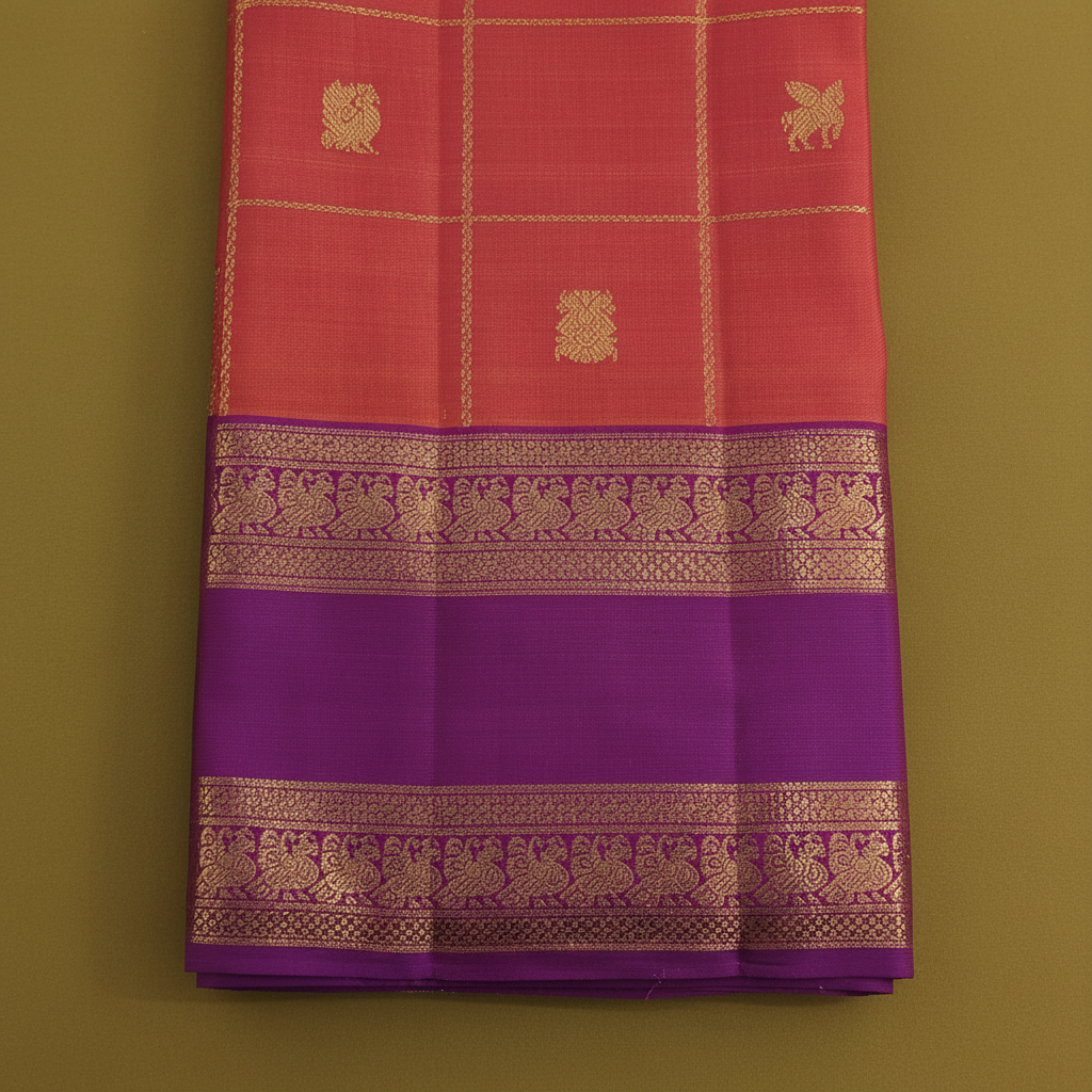 Kuberan  Coral  with Gold Zari Check Grid, Mixed Floral & Bird Buttas & Broad Deep Violet Peacock Procession Border Kanchipuram Silk Saree
