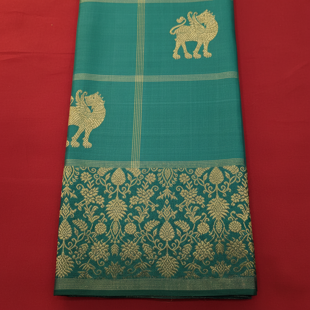 Kuberan Kanchipuram Silk Saree Peacock Teal with Scattered Gold Zari Yali Buttas on Fine Gold Zari Check Grid & Broad Self-Colour Teal Gold Zari Floral Border
