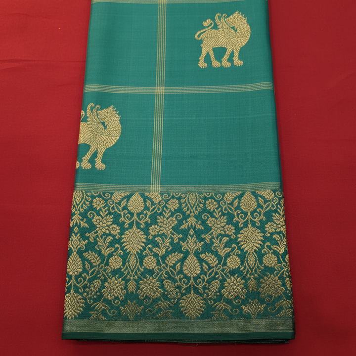 Kuberan Kanchipuram Silk Saree Peacock Teal with Scattered Gold Zari Yali Buttas on Fine Gold Zari Check Grid & Broad Self-Colour Teal Gold Zari Floral Border