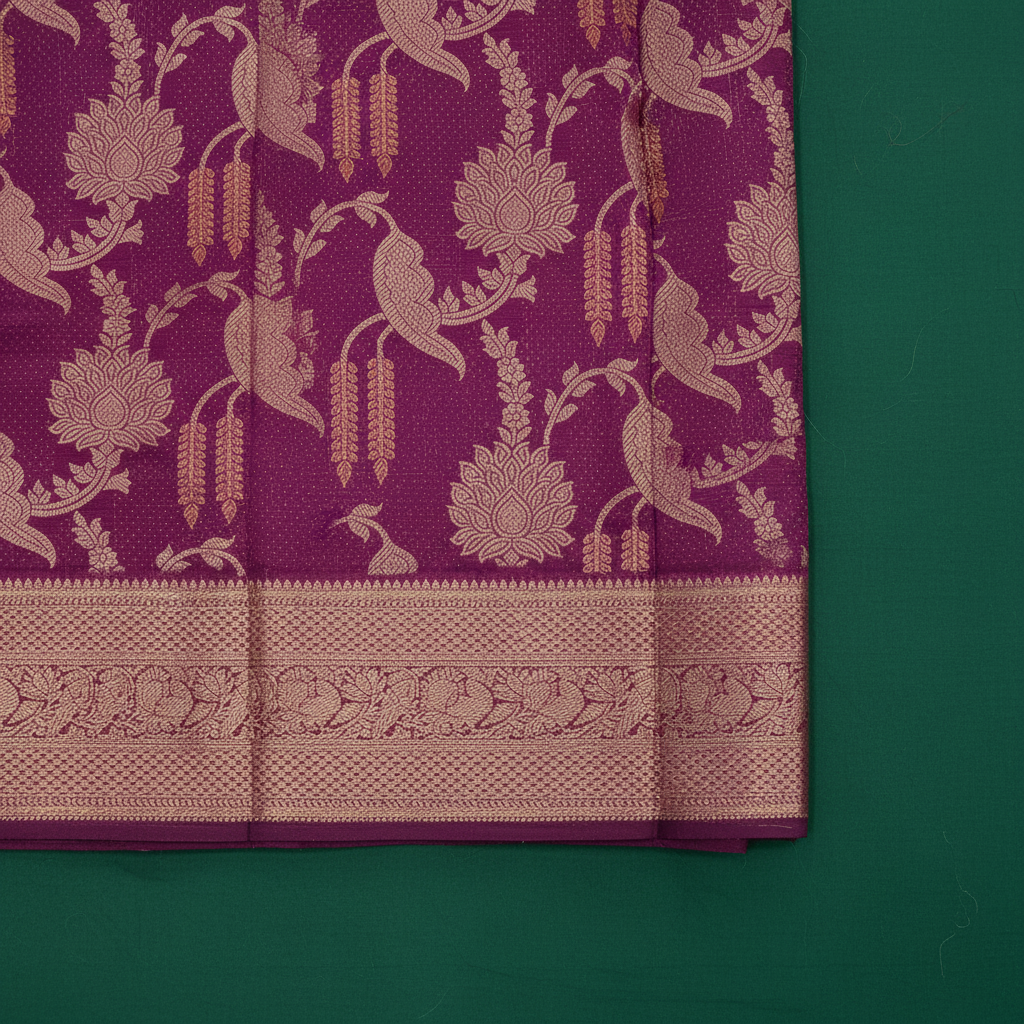 Kuberan Deep Magenta Purple with All-Over Gold Zari Parrot & Lotus Jaal Weave & Broad Antique Gold Zari Floral Scroll Border Kanchipuram Silk Saree