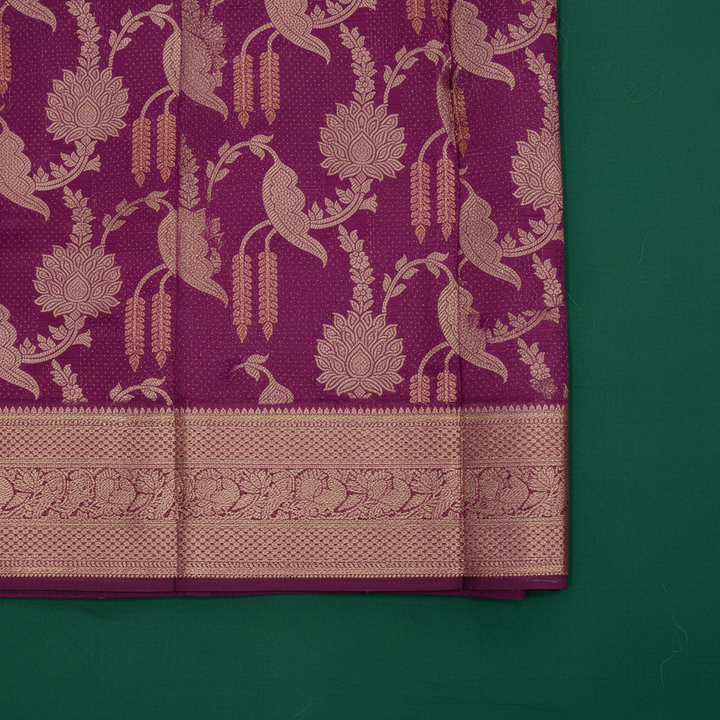 Kuberan Deep Magenta Purple with All-Over Gold Zari Parrot & Lotus Jaal Weave & Broad Antique Gold Zari Floral Scroll Border Kanchipuram Silk Saree