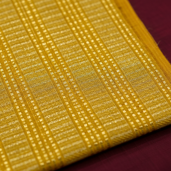 Kuberan Turmeric Yellow with All-Over Self-Colour Gold Zari Fine Checks Grid & Narrow Contrast Orange BorderKanchipuram Silk Saree