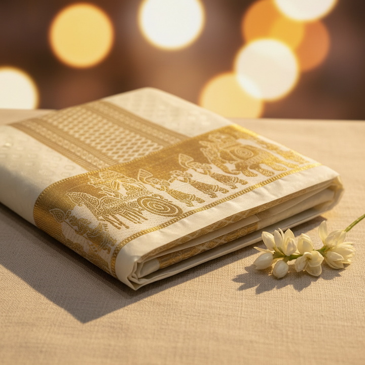 Kuberan Ivory & Gold Elephant Border Mix Silk Dhothi
