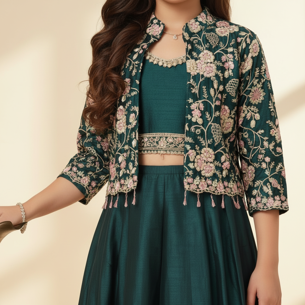 Kuberan Kids Palazzo Set - Teal Green Embroidered Jacket