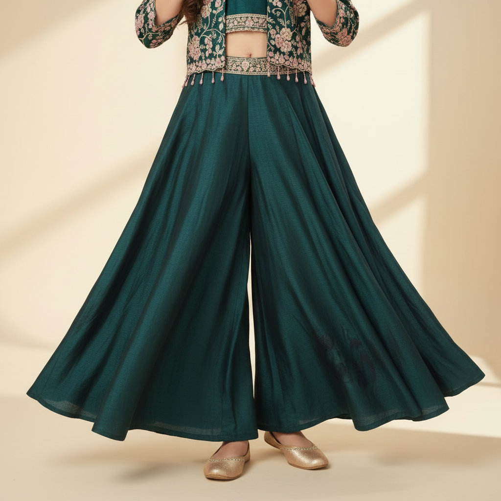 Kuberan Kids Palazzo Set - Teal Green Embroidered Jacket