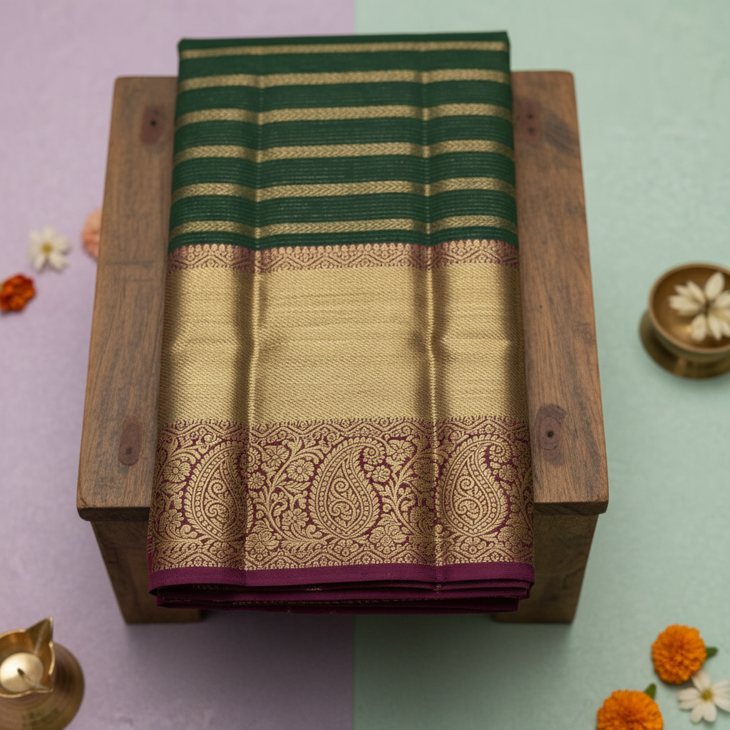 kuberan Bottle Green Kanchipuram Silk Saree with Golden Peacock Border