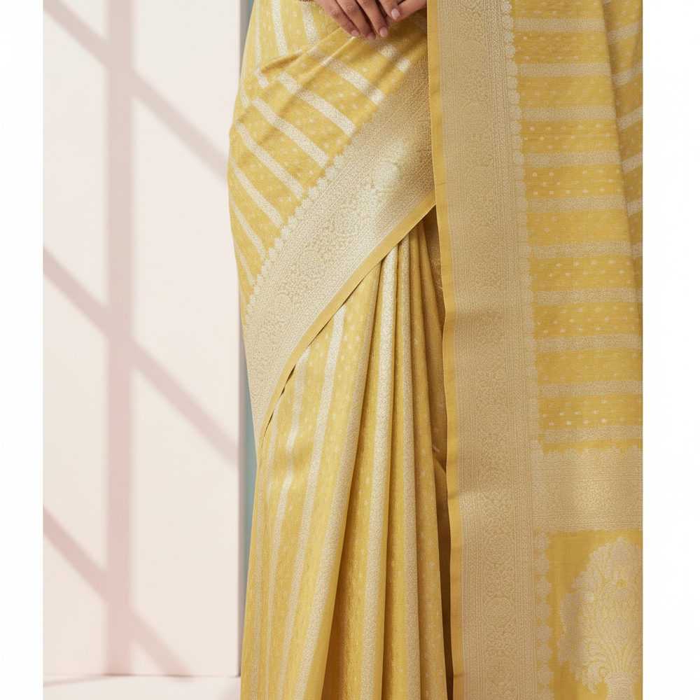 Close-up detail of the yellow Banarasi silk saree