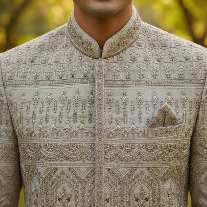 Kuberan Indo Western Sherwani – Silver Grey Diamond Embroidered