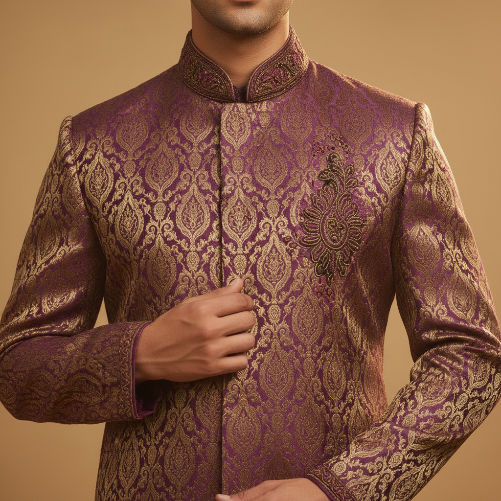 Kuberan Purple Gold Brocade Kurta Pyjama Set