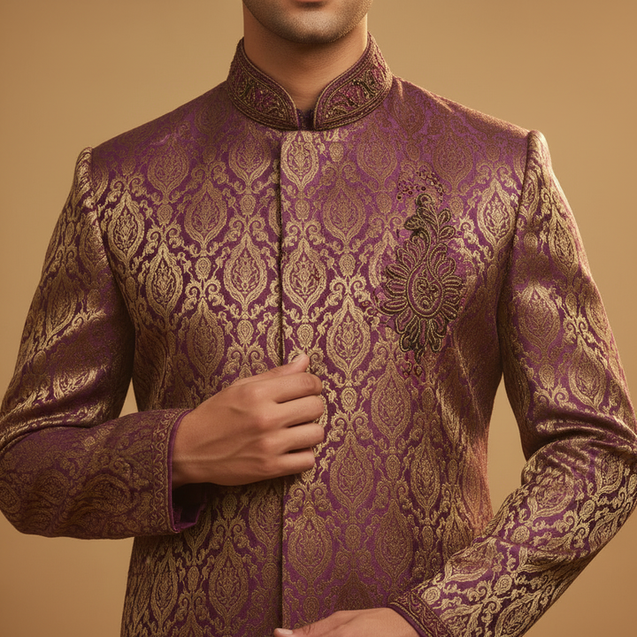 Kuberan Purple Gold Brocade Kurta Pyjama Set