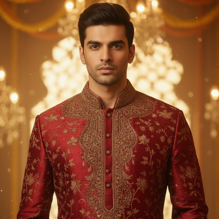 Kuberan Red Silk Kurta Pyjama Set with Gold Zari Embroidery