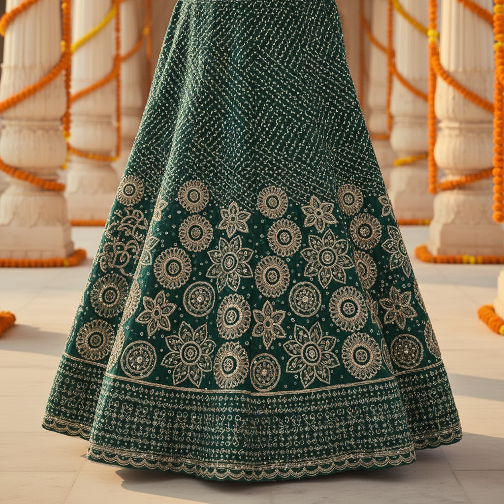 Kuberan Dark Green Embroidered Lehenga Choli Semi Stitched