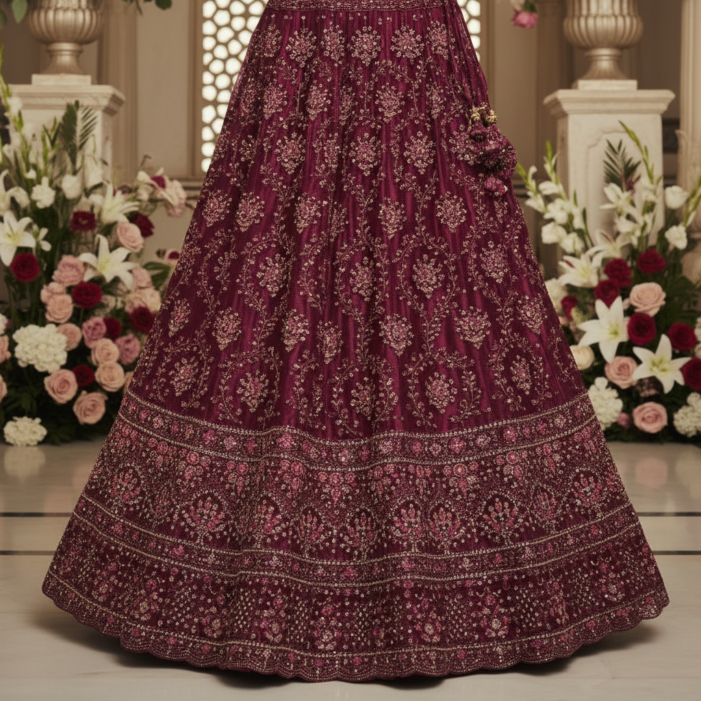 Kuberan Wine Burgundy Semi Bridal Semi Stitched Lehenga.