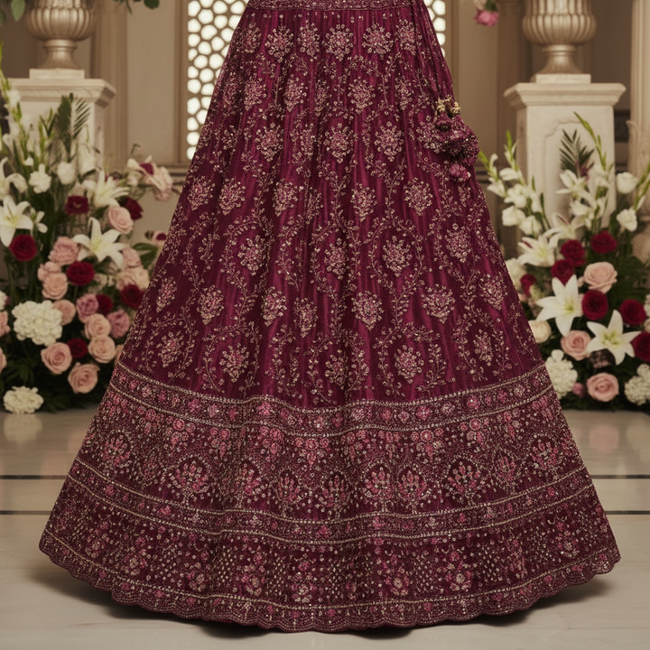 Kuberan Wine Burgundy Semi Bridal Semi Stitched Lehenga.