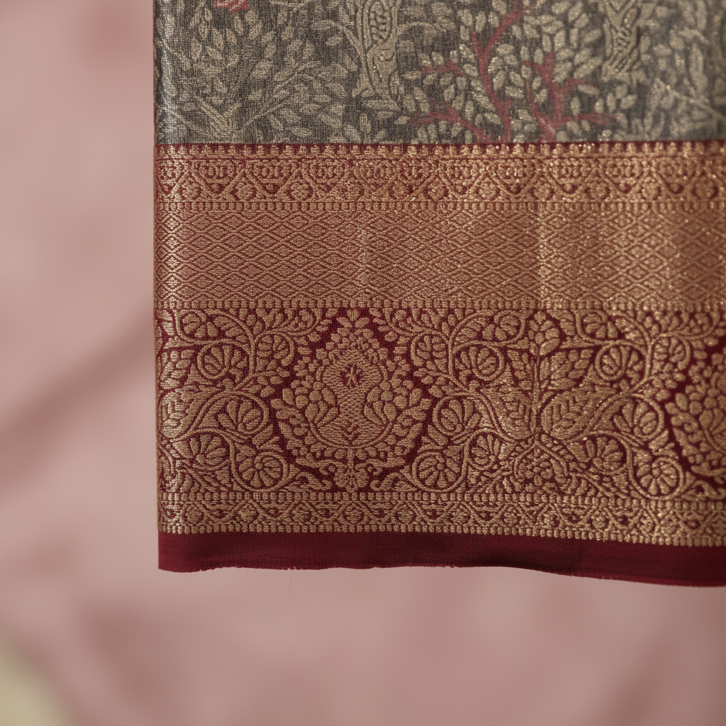 KUBERAN ELEPHANT GREY BROCADE SEMI SILK SAREE