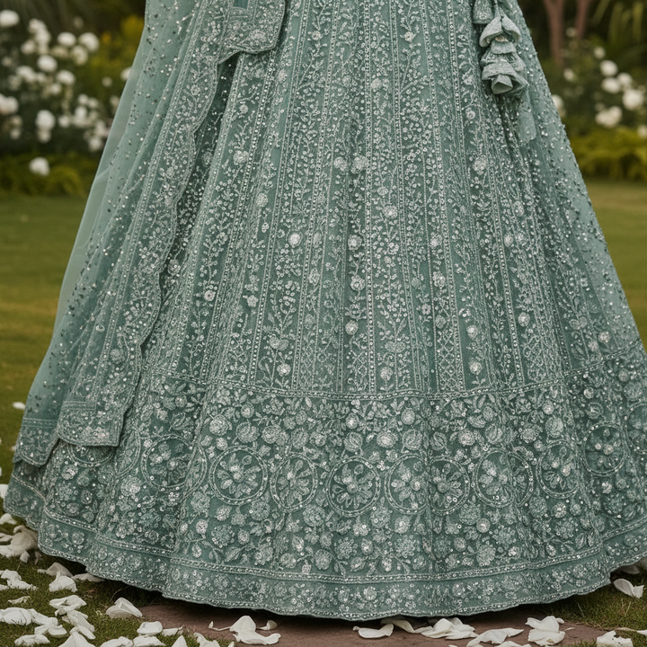 Kuberan Mint Green Embroidered Net Lehenga Choli Semi Stitched