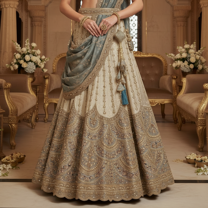 Kuberan Blue Grey Embroidered Semi Stitched Bridal Lehenga