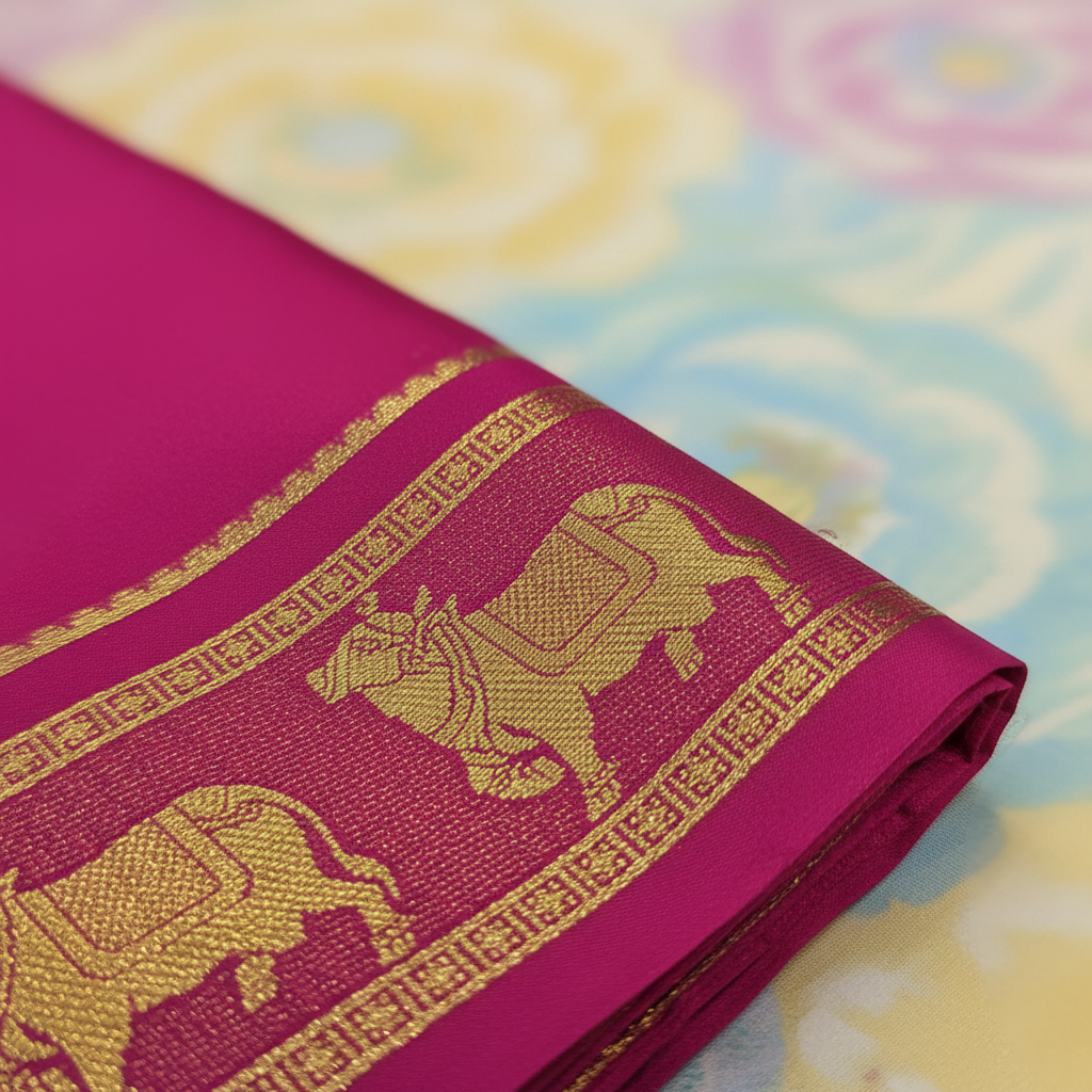 KUBERAN PINK NANDI BORDER PURE CREPE SAREE