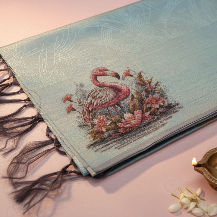 Close-up of flamingo embroidery saree