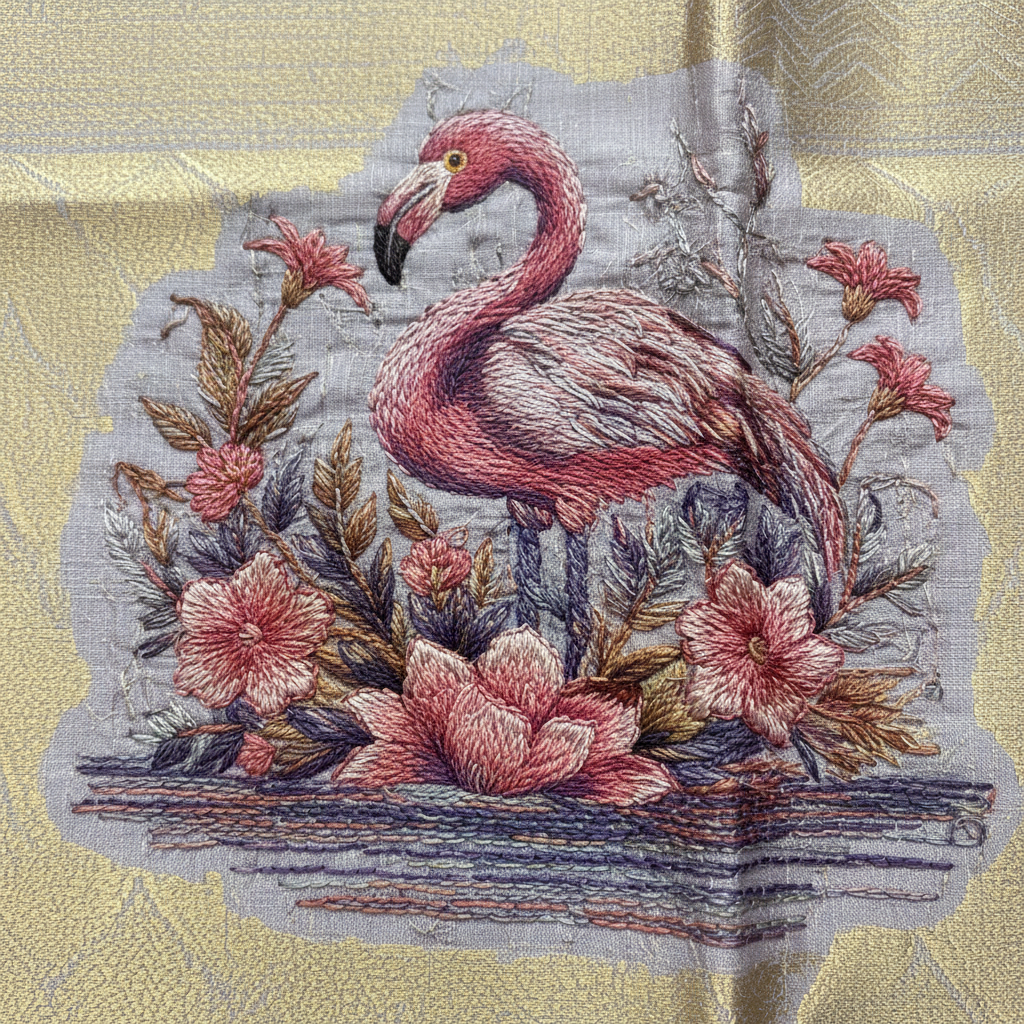 Close-up of flamingo motif embroidery