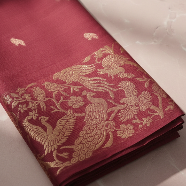 Close-up of gold motifs on rose-pink saree