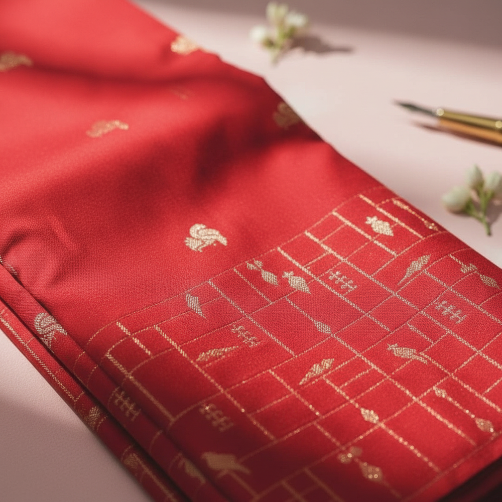 Close-up of gold motifs on vibrant red saree
