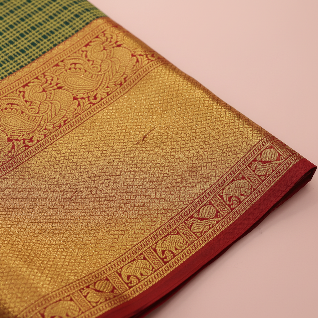 kuberan Green  green  Checkered Pattern and Orange Border Kanchipuram Silk Saree