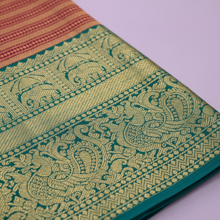 kuberan maroon Red Gold Striped Pattern and Green Border Kanchipuram Silk Saree