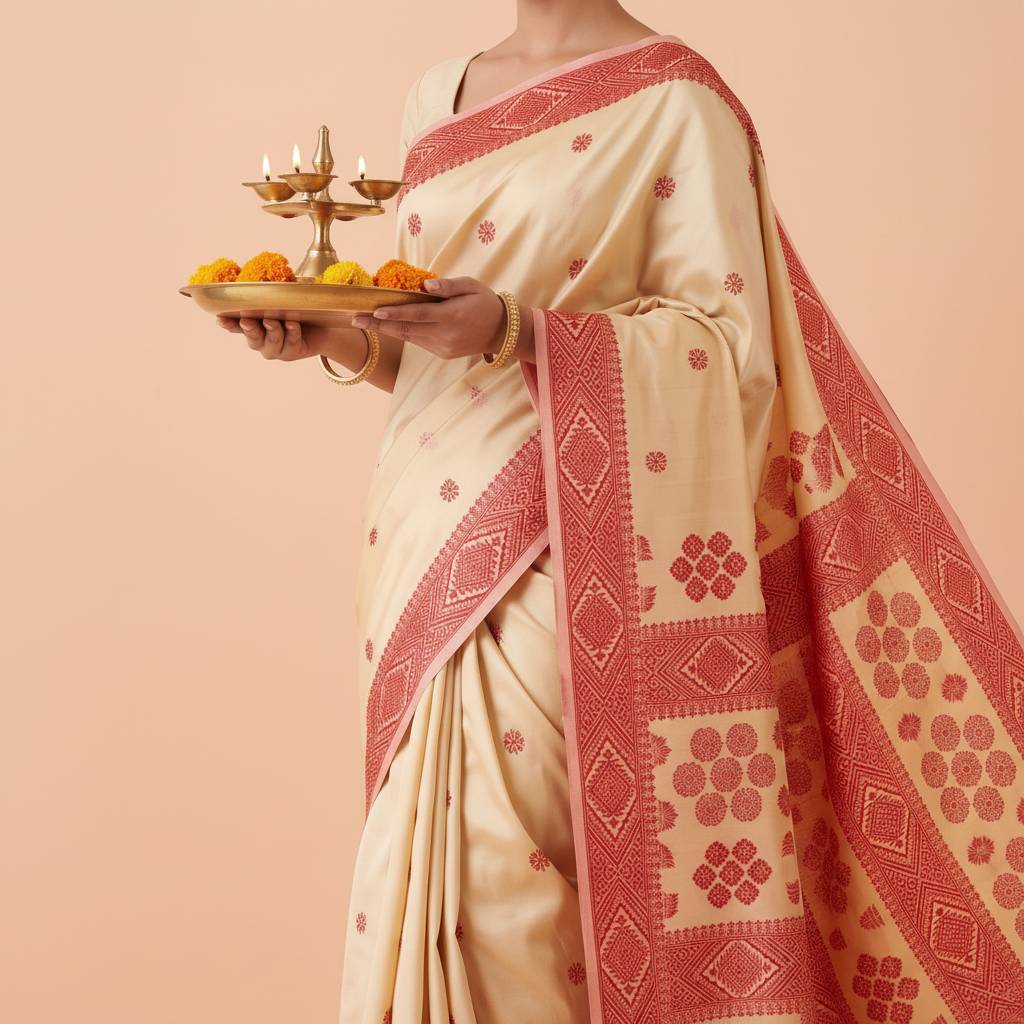 KUBERAN WHITE WITH RED SEMI TUSSAR SILK SAREE