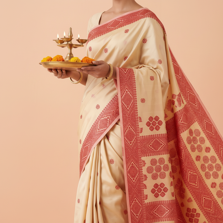 KUBERAN WHITE WITH RED SEMI TUSSAR SILK SAREE