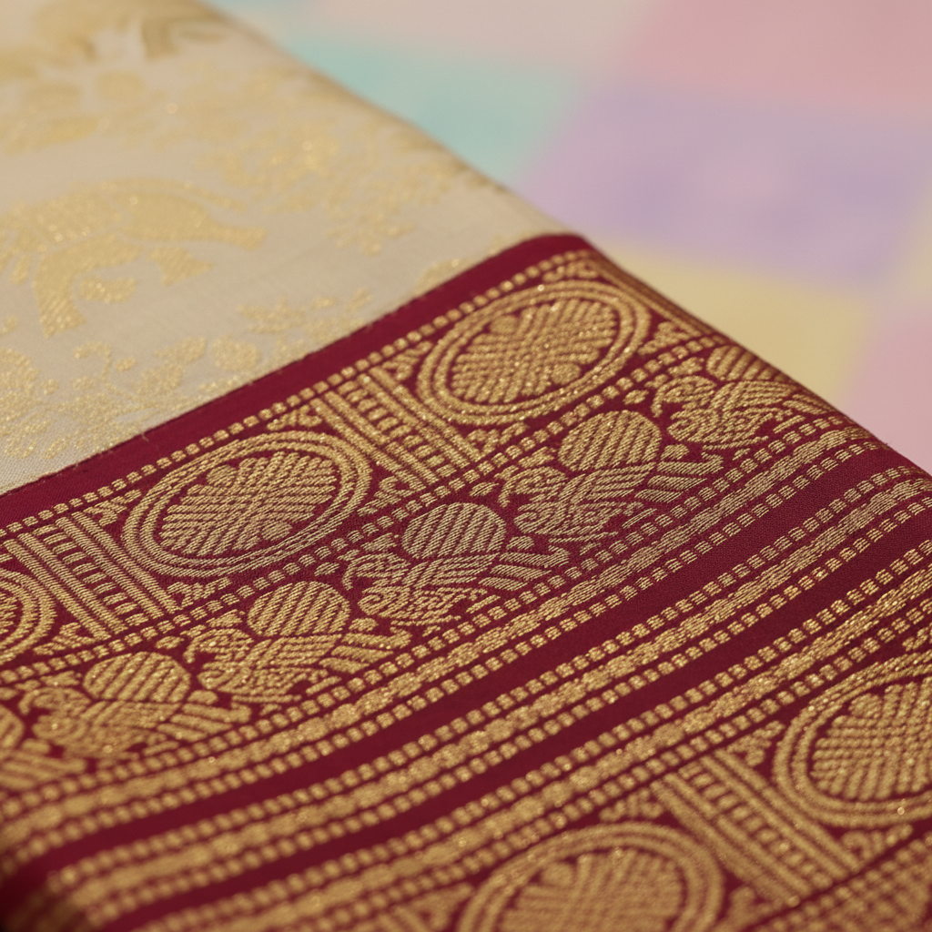 kuberan Kanchipuram Cream with Maroon Border