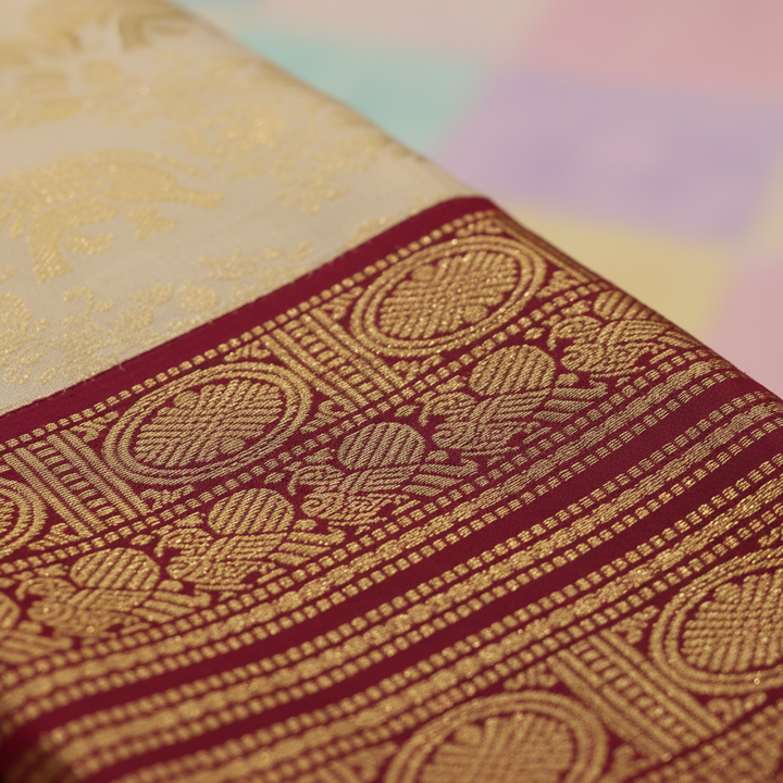 kuberan Kanchipuram Cream with Maroon Border