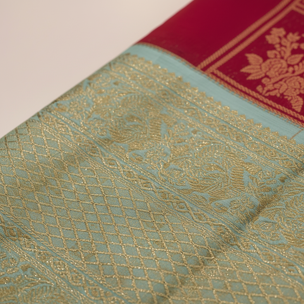 kuberan Red Gold Paisley motif and Mint Green Border Kanchipuram Silk Saree