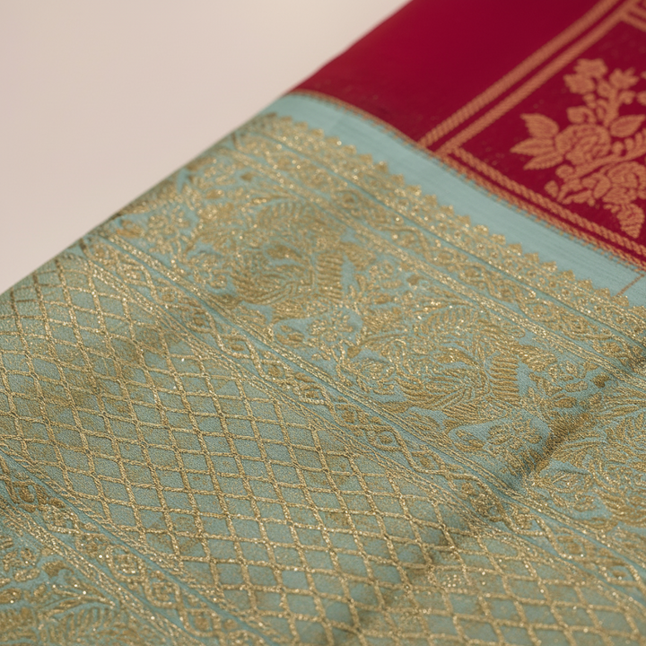 kuberan Red Gold Paisley motif and Mint Green Border Kanchipuram Silk Saree