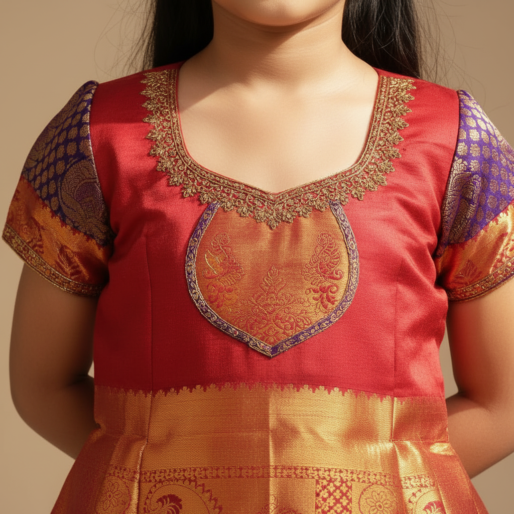 Kuberan Kids Readymade Pure Silk Pavada - Red Purple