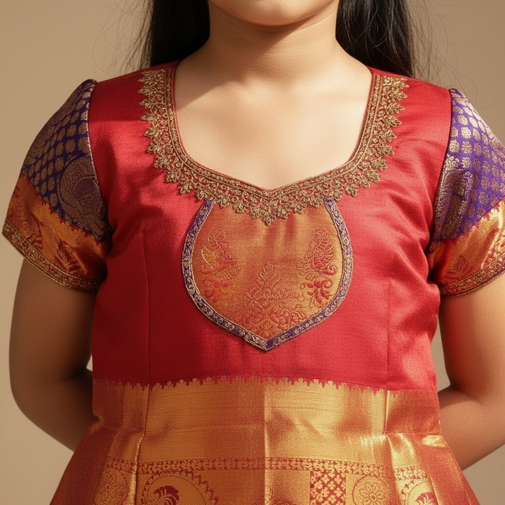 Kuberan Kids Readymade Pure Silk Pavada - Red Purple