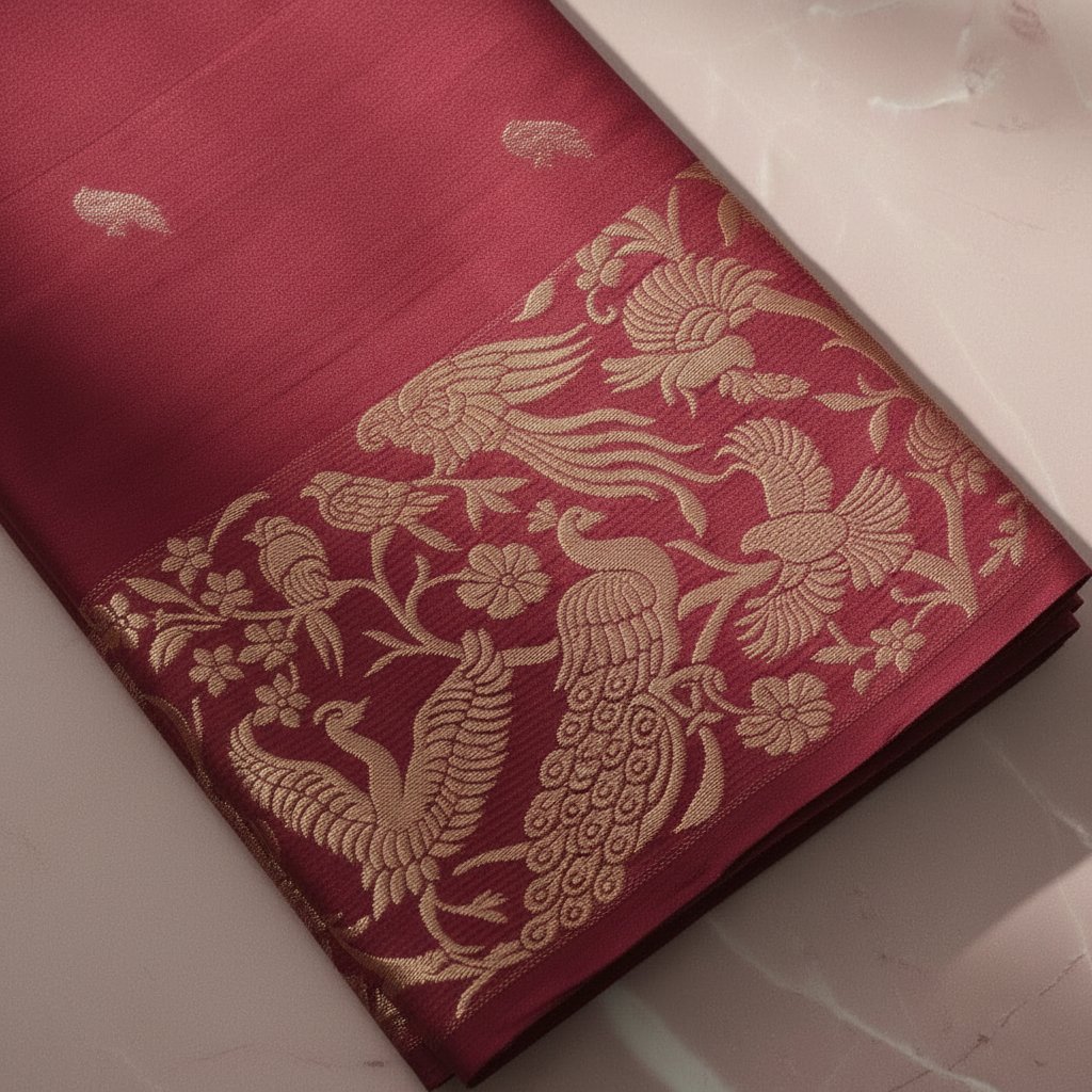 Close-up of ornate gold peacock border pattern