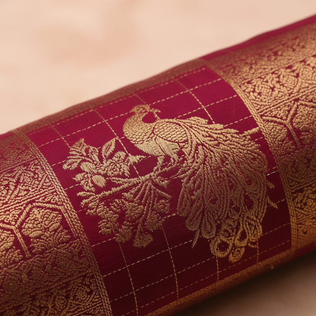 kuberan Maroon  Peacock Motifs and Green Border Kanchipuram Silk Saree