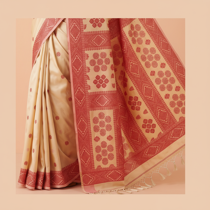 KUBERAN WHITE WITH RED SEMI TUSSAR SILK SAREE