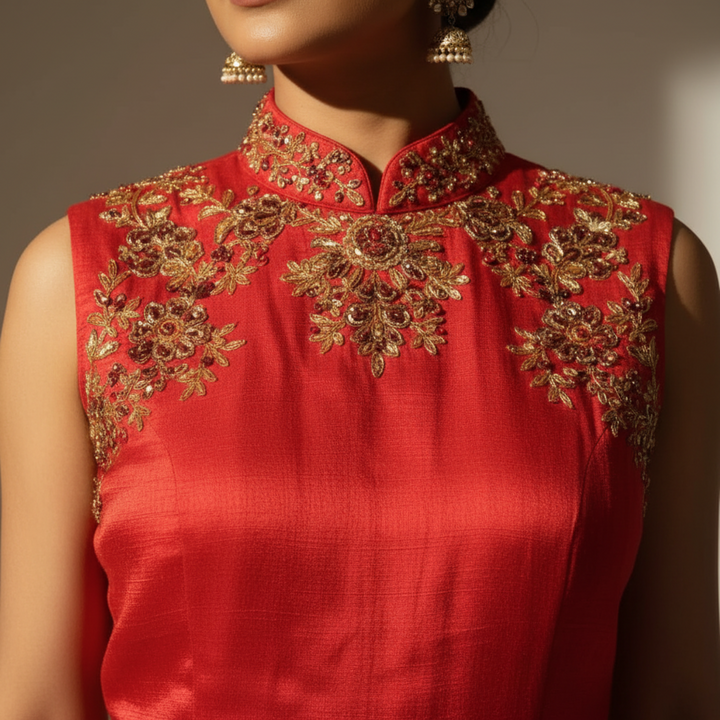 KUBERAN RED AND FLORAL PRINTED GOWN