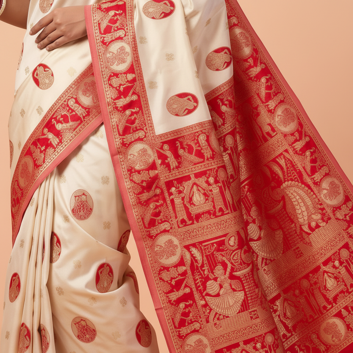KUBERAN WHITE WITH RED SEMI TUSSAR SILK SAREE