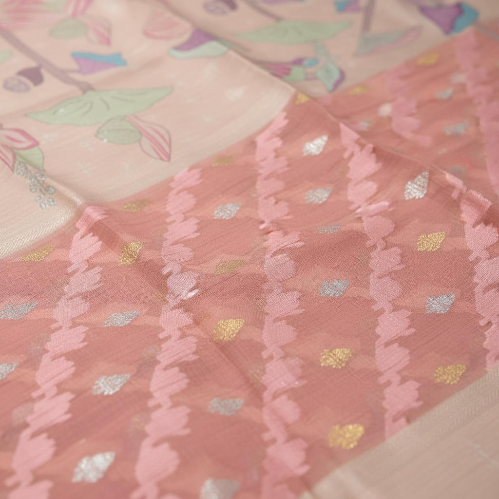 Close-up of saree body with pink houndstooth pattern