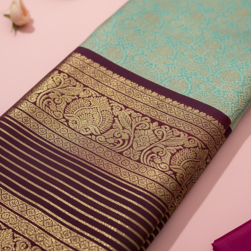 Kanchipuram Silk Saree - Mint Green with Maroon Border
