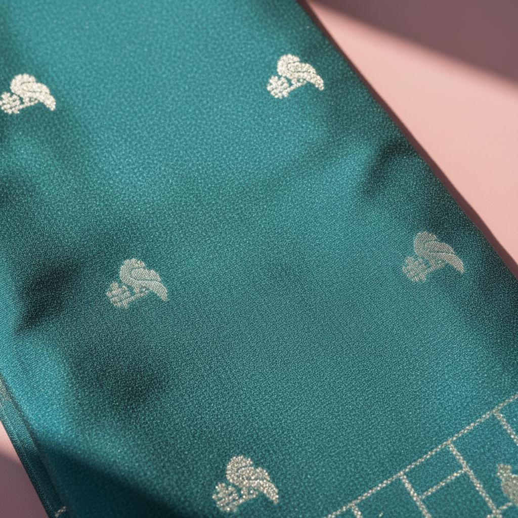Close-up of silver motifs on teal-green saree