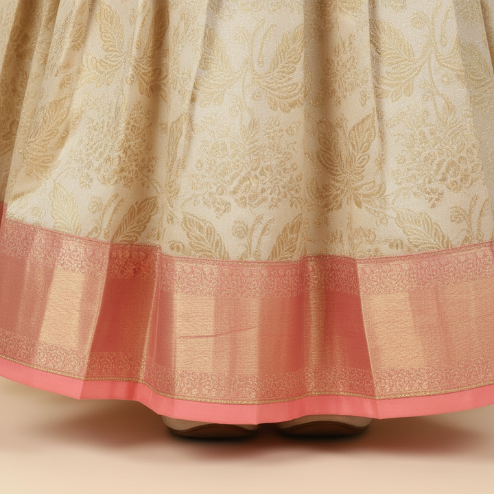 Kuberan Pink and Cream Readymade Pavada Pure Silk