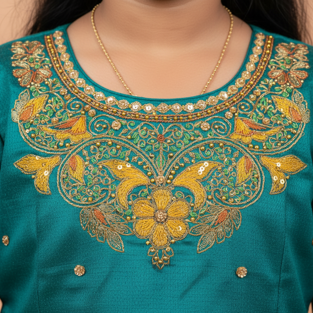 Kuberan Teal and Green Readymade Pavada Pure Silk